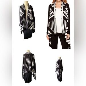 Worthington Womens Long Sleeve Geometric Black/White Open Drape Cardigan Size S